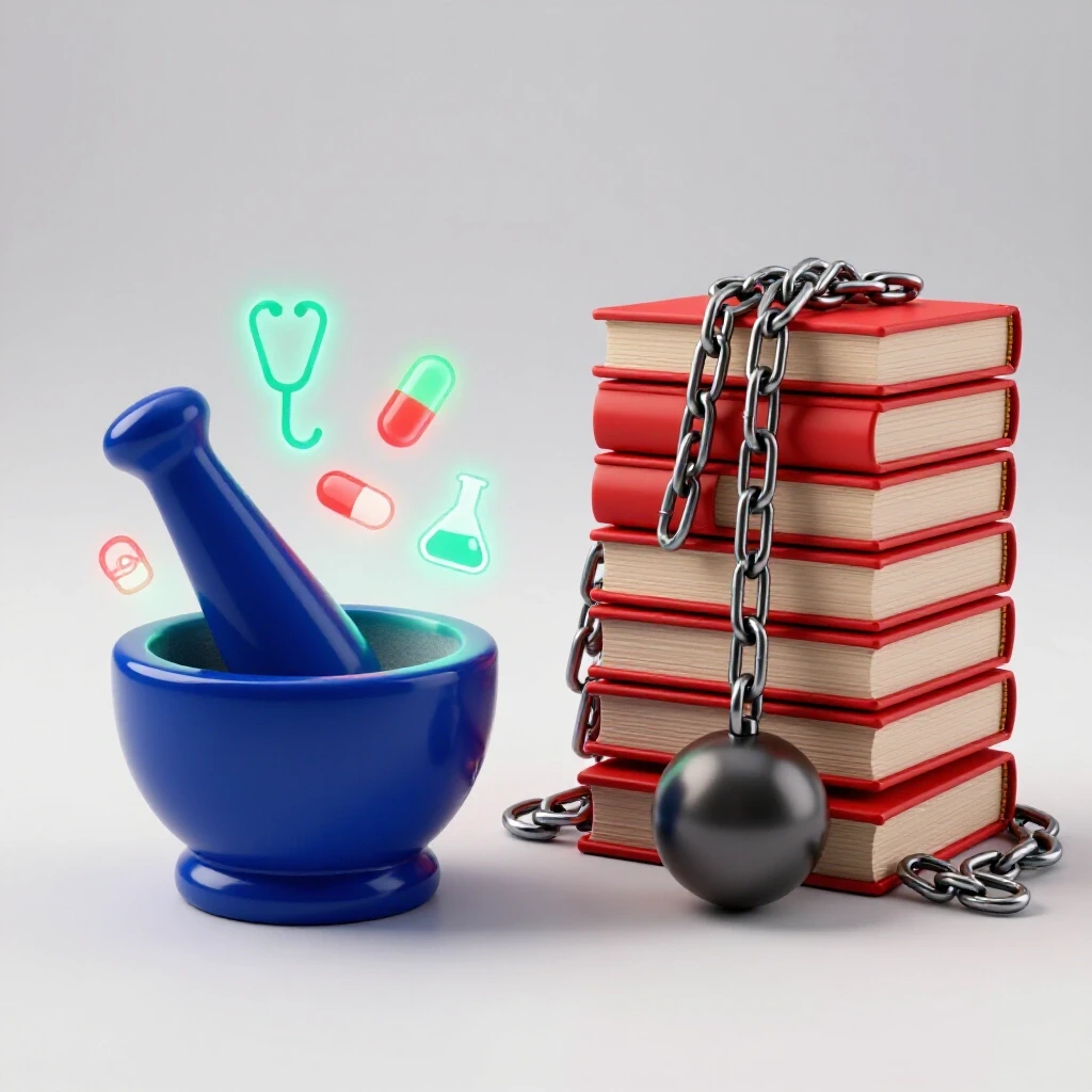 Split scene with mortar and pestle surrounded by glowing career symbols on one side and chained books on the other, set against a bright background.