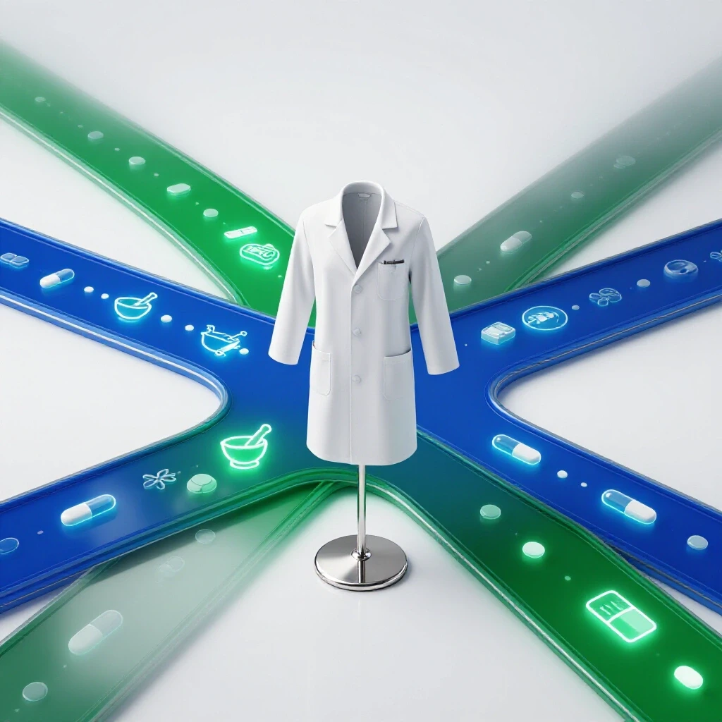 A white lab coat stands confidently at a crossroads of colorful glowing pharmacy and shadowy paths, symbolizing career choices.