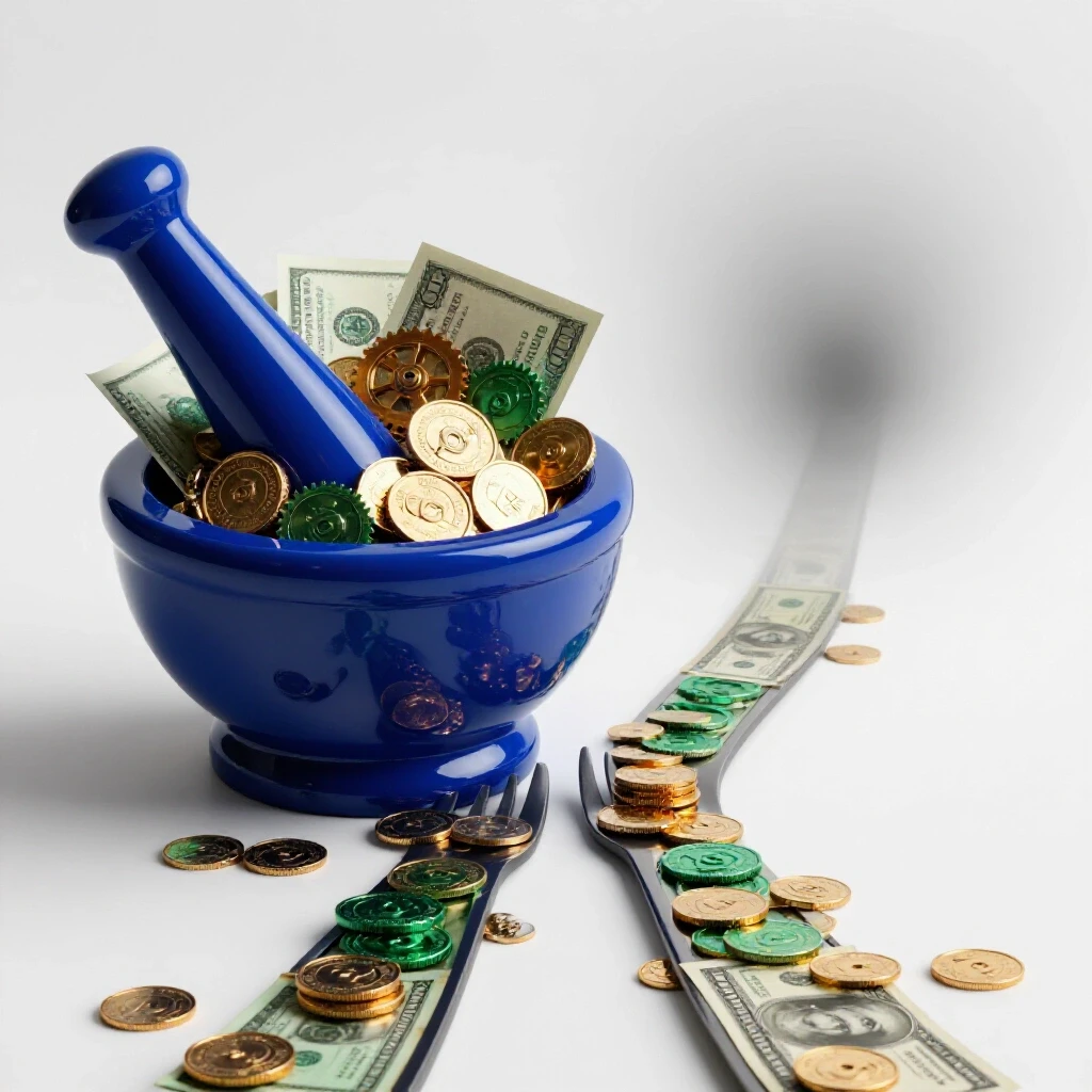 A dramatic forked path with a mortar and pestle spilling money and clock gears on one side, fading to foggy uncertainty on the other, set in a bright white studio.
