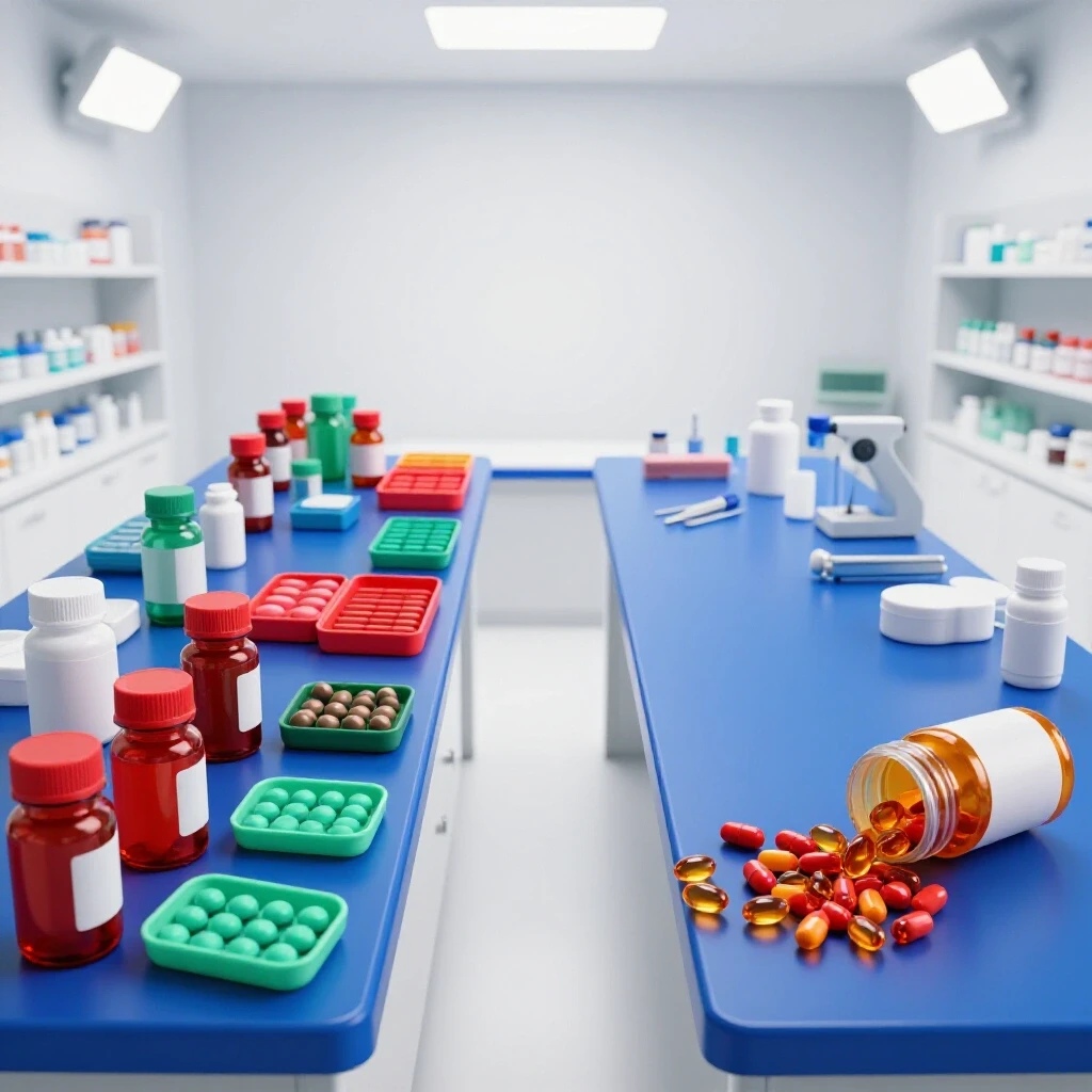 Split scene of organized pharmacy workspace vs. common medication handling errors with vibrant, deep colors.