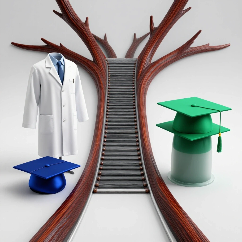 A forked pathway with a pharmacist's lab coat and mortarboard on one side, graduation cap on the other, set on a bright studio background.