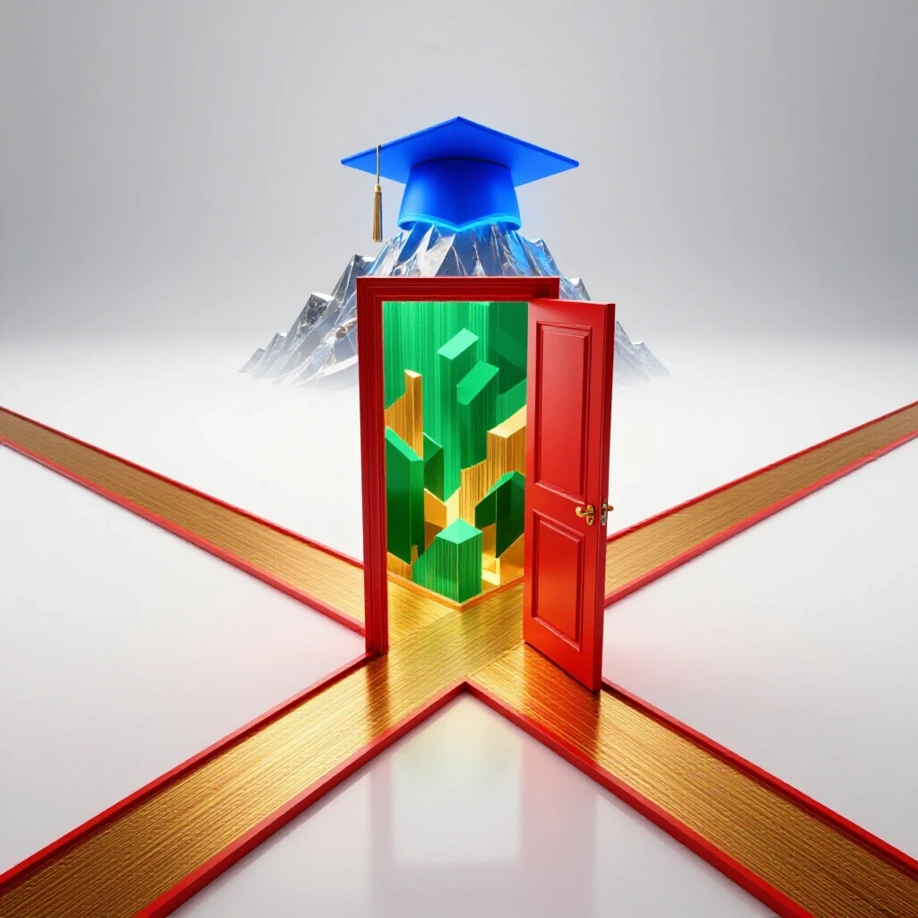 A dramatic crossroads with paths leading to a glowing academic cap on a mountain and a radiant open door with vibrant shapes, set on a bright white background.