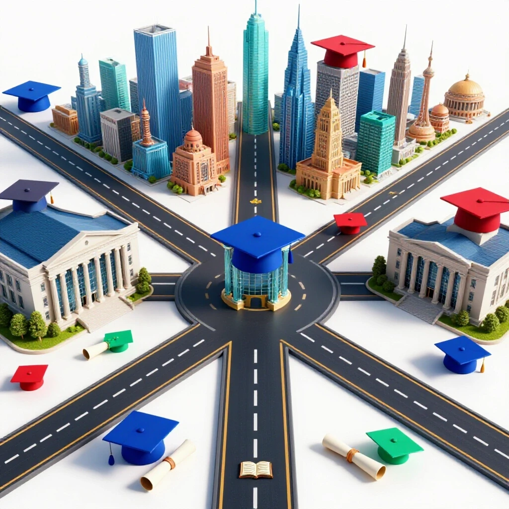 A vivid crossroads with academic symbols on one path and a city skyline on the other, set on a bright background.