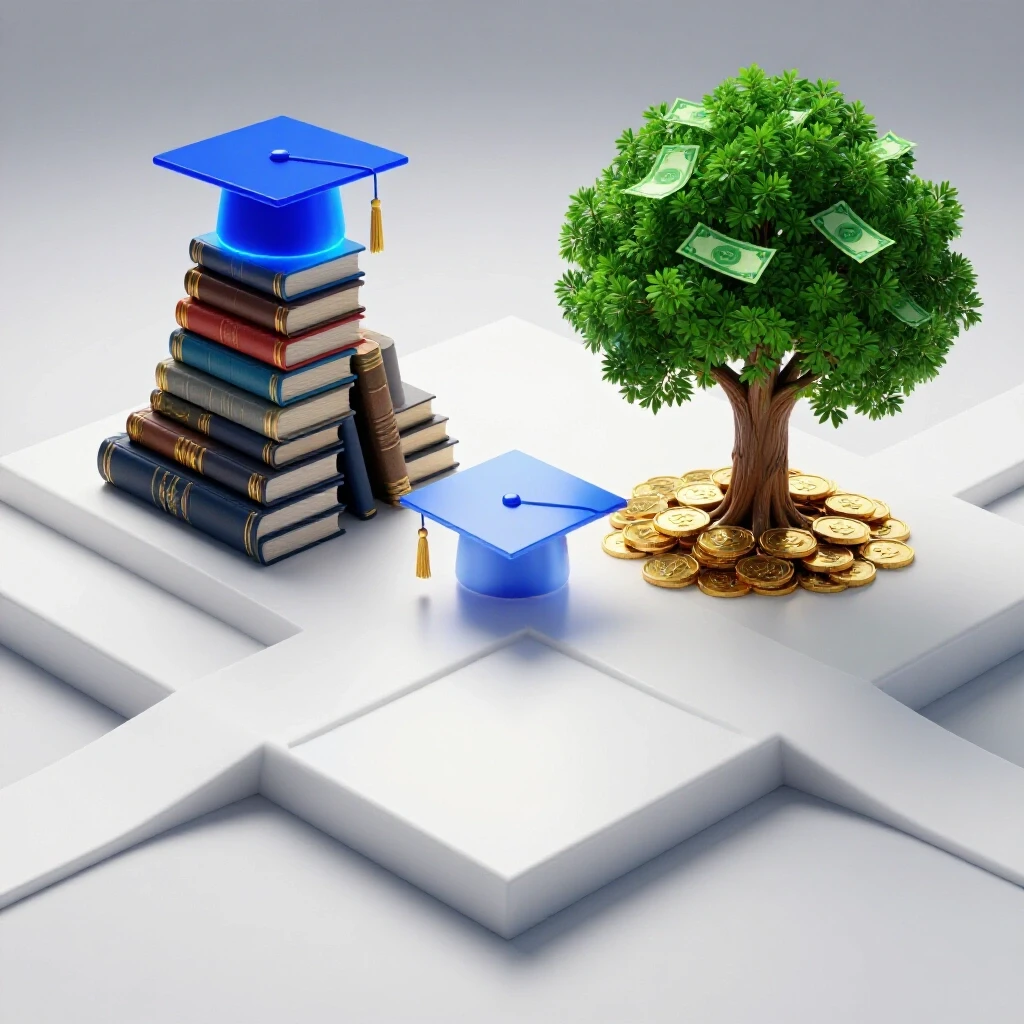 A crossroads with a glowing graduation cap on books to one side and a money tree on the other, symbolizing PhD ROI choices.