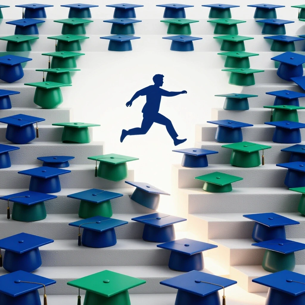 Staircase of academic caps with a dynamic figure leaping over a missing step highlighted by bright light.