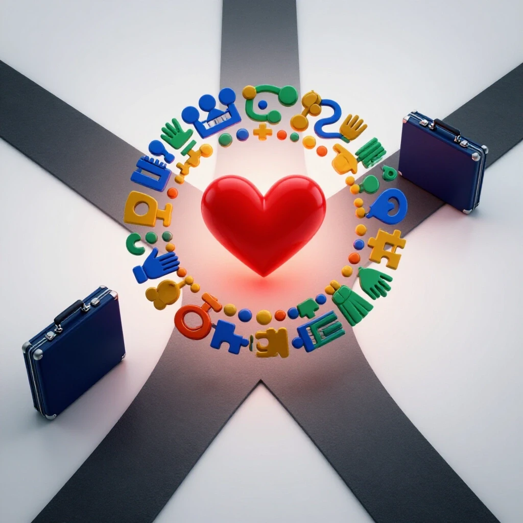 Two distinct paths at a crossroads: one leads to a glowing heart with collaboration symbols, the other to a shadowy briefcase.