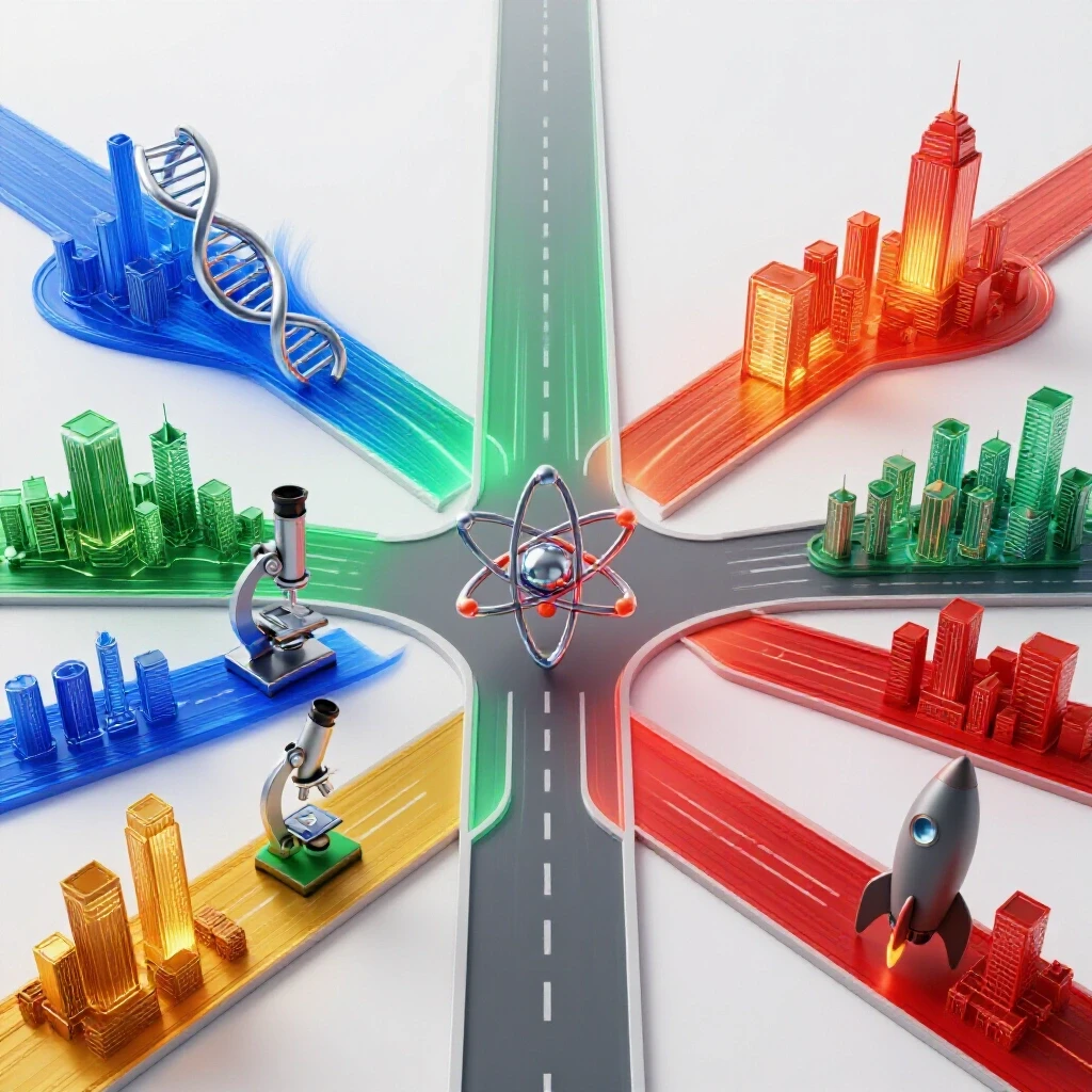 Dynamic crossroads with symbolic lab and tech objects branching into glowing futuristic cityscapes on white background.