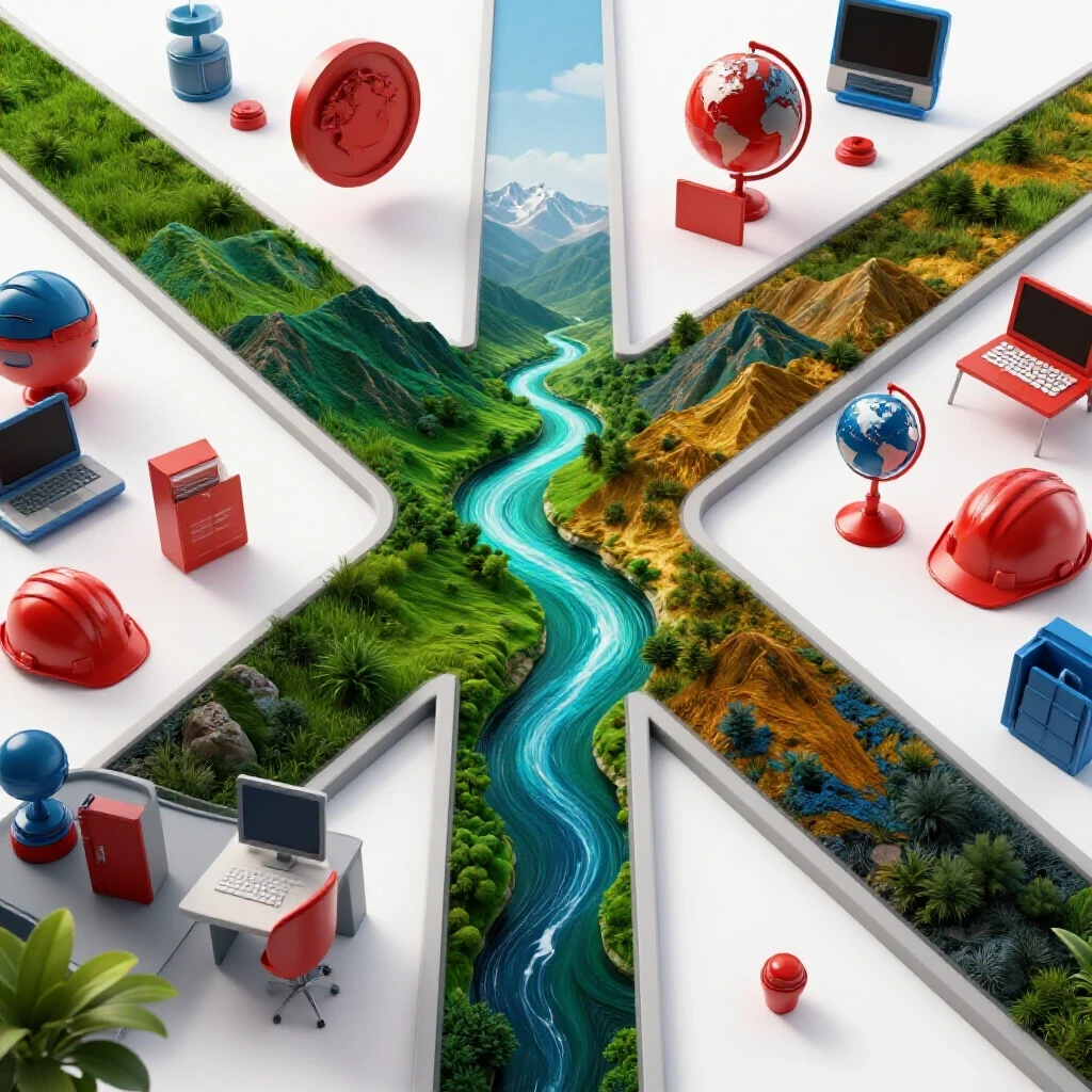A crossroads blending vibrant natural landscapes and modern work icons, symbolizing diverse physical geography career paths.