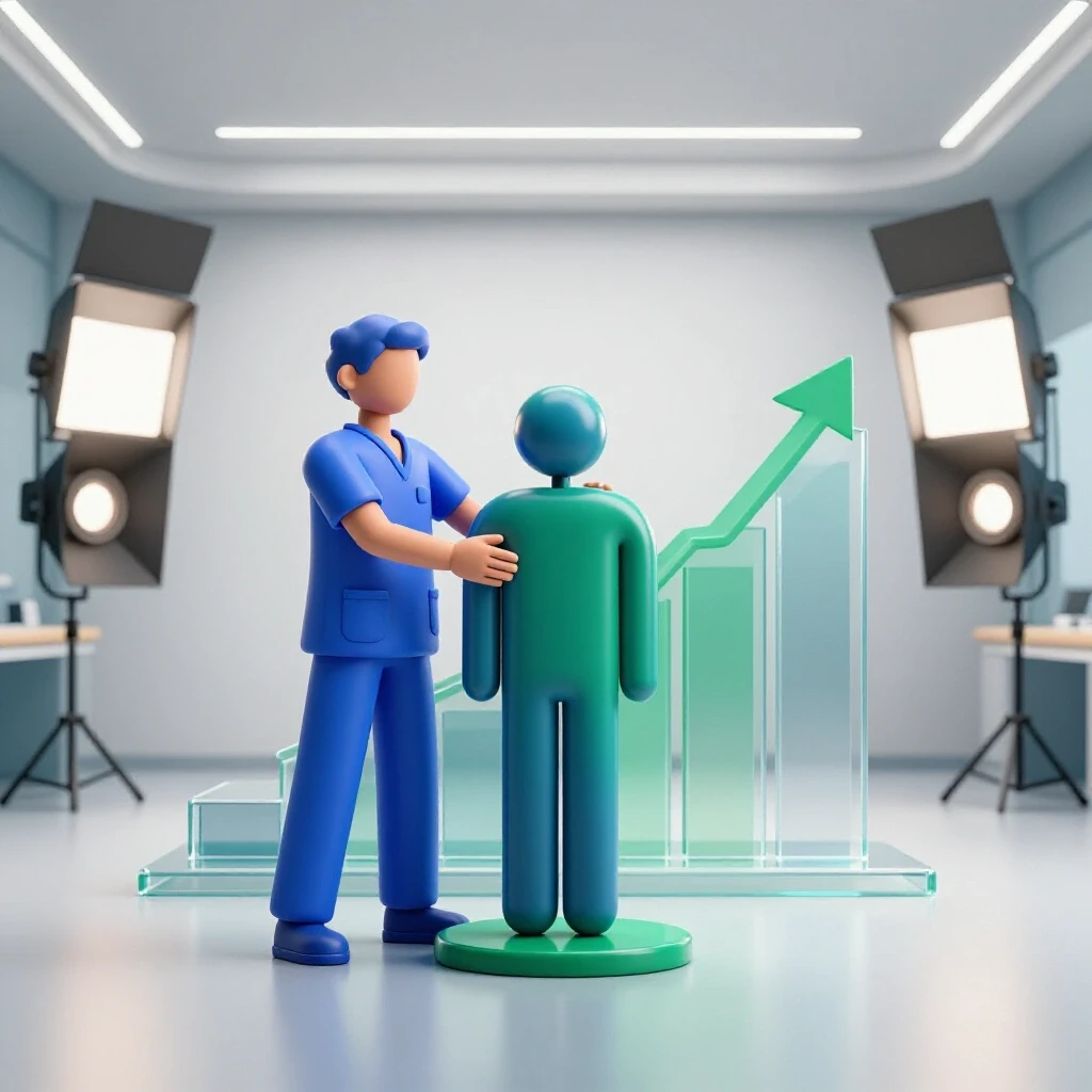 Centralized 3D-rendered icons representing a physical therapist assisting a patient in a bright clinic, with ascending steps and a rising graph symbolizing career and salary growth.