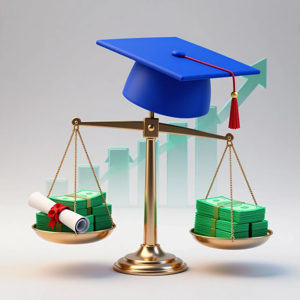 Glossy metallic balance scale with graduation cap and diploma on one side, money stacks on the other, and upward arrows in the background.