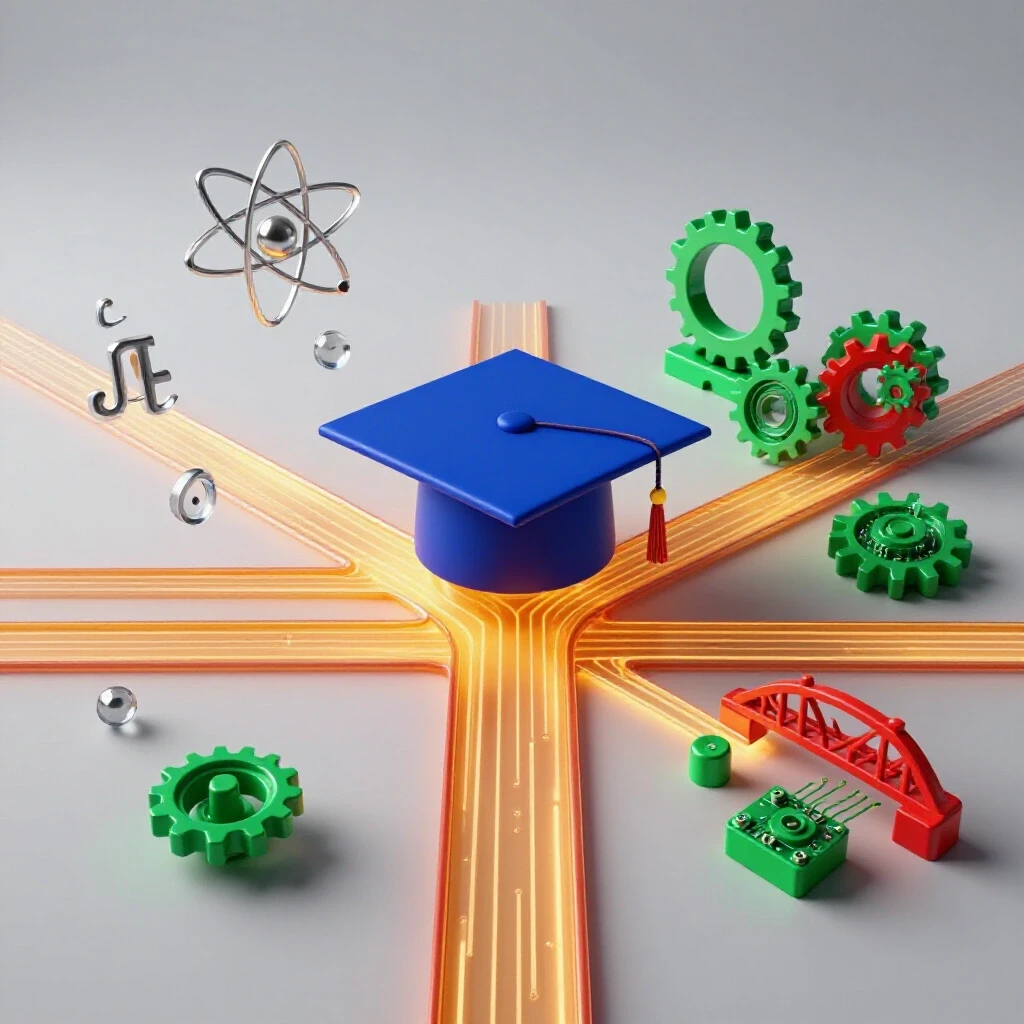 Graduation cap at a crossroads with physics symbols on one side and engineering structures on the other, united by a glowing pathway.