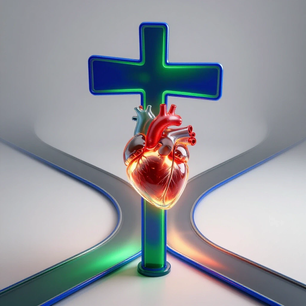 Vivid crossroads sign with glowing anatomical heart on one side and misty uncertainty on the other, on a bright background