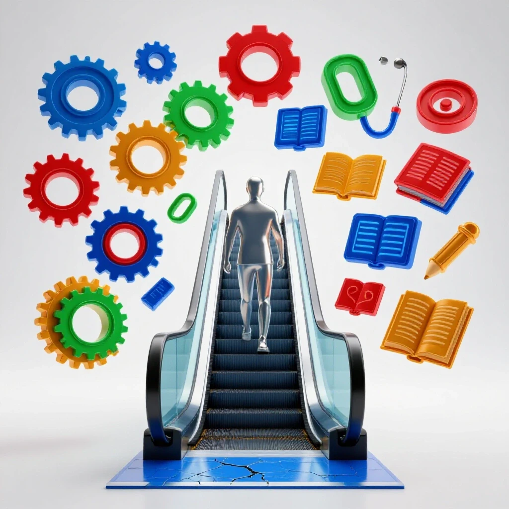 A silhouette steps off a cracked platform onto a bright escalator, surrounded by bold career symbols in vivid colors.