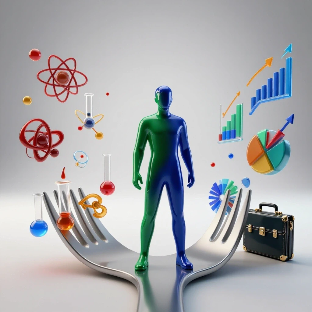 Confident figure at a bright forked path with scientific symbols on one side and business icons on the other.
