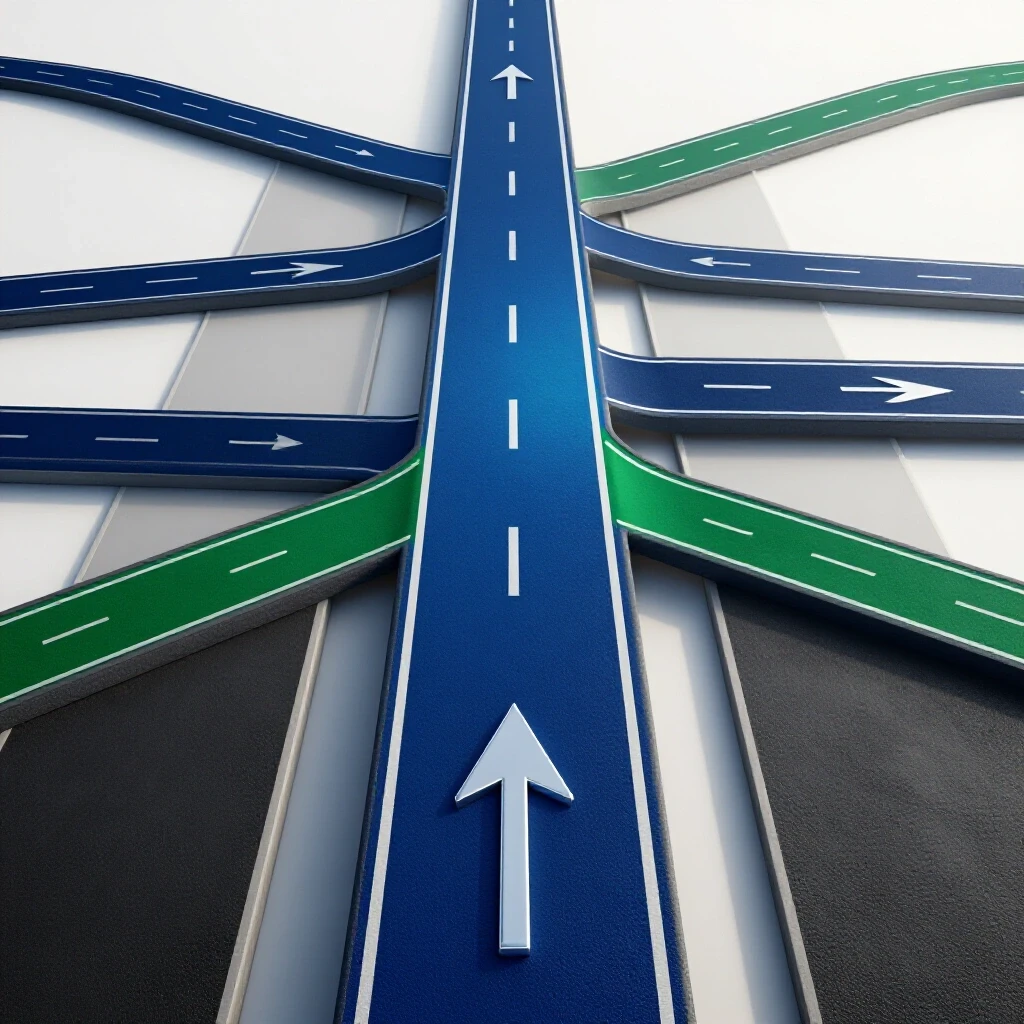 A glossy pathway expands from a narrow, shadowed lane into a bright road branching upward with bold arrows.