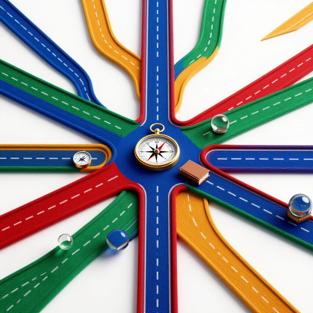 Brightly lit crossroads with colorful winding paths, compasses, academic books, and glass orbs at center symbolizing placement advising and academic pathways.