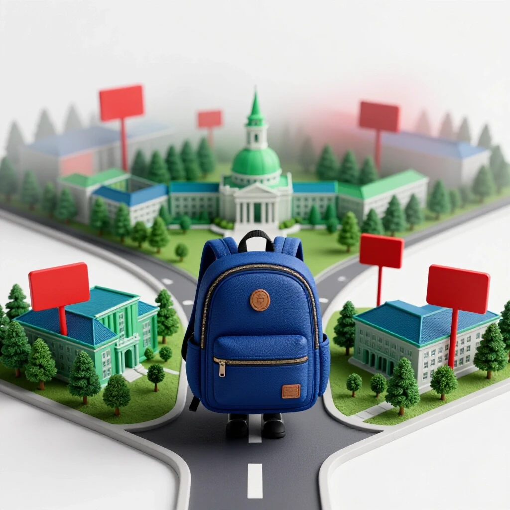 A backpack at a crossroads, one path leading to a bright campus, the other fading into misty uncertainty.