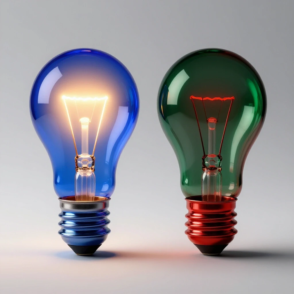 Split scene featuring a glowing original idea bulb contrasted by a shadowy mirrored copy against a bright background.