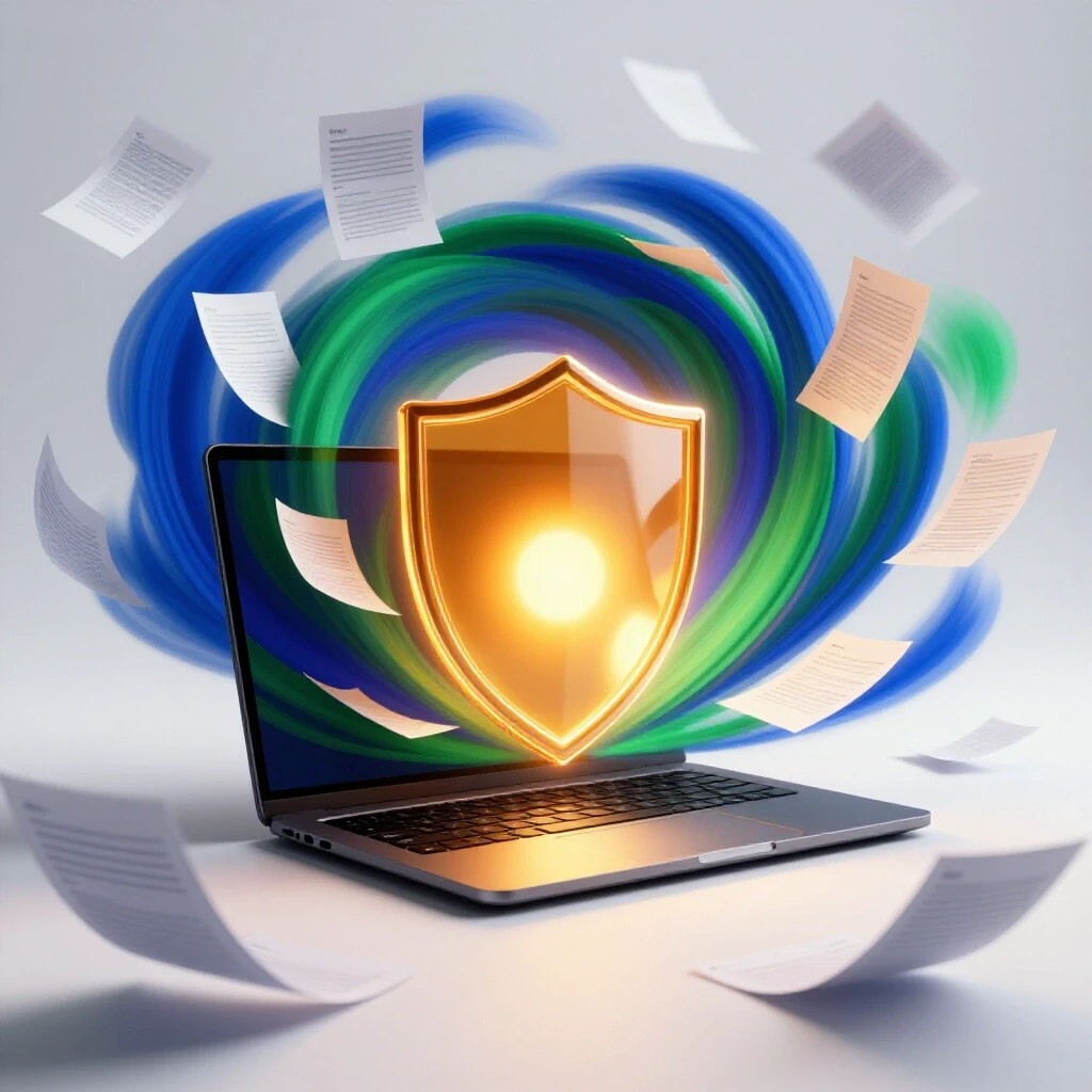 A laptop on a white background shields itself with glowing light from swirling, shadowy documents around it.
