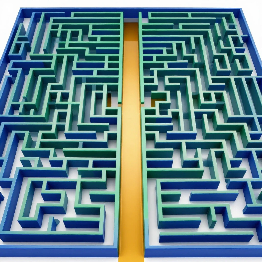 A vibrant blue and green maze transitions into a clear amber path on a bright white background, symbolizing educational clarity.