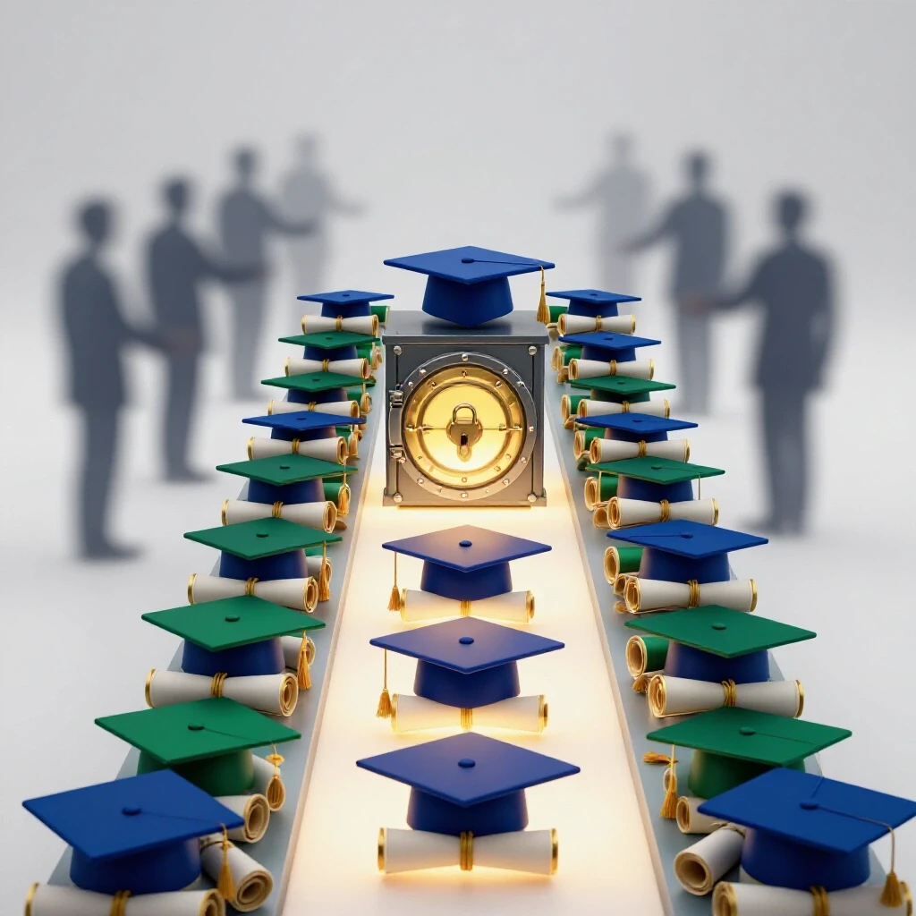 A pathway of graduation caps and diplomas leads to a glowing locked vault, with shadowy figures behind representing Pell Grant opportunity.