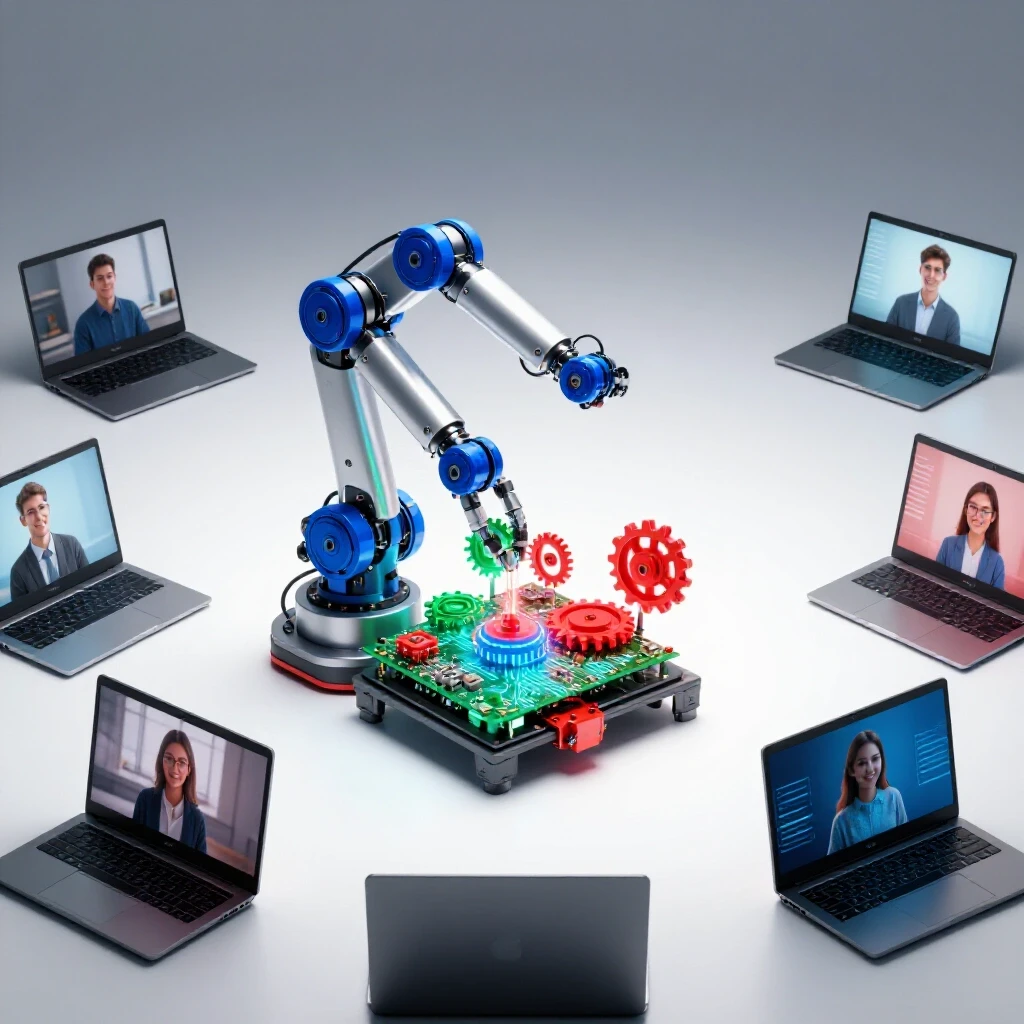 Robotic arm assembling glowing digital components as students watch from laptop screens in a bright studio.