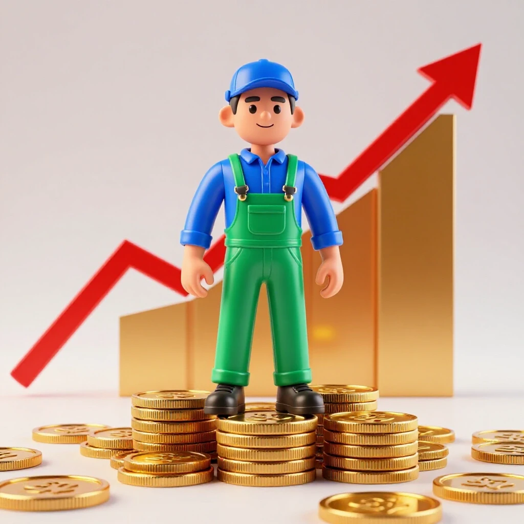 Confident plumber stands atop golden coins with an upward red graph behind, symbolizing rising earnings.