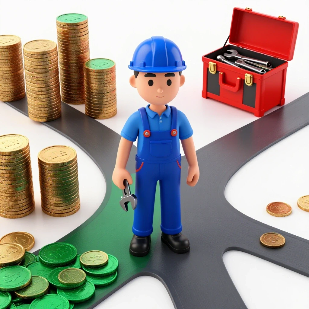A plumber at a crossroads between stacks of coins and a toolbox, set against a clean, bright background.