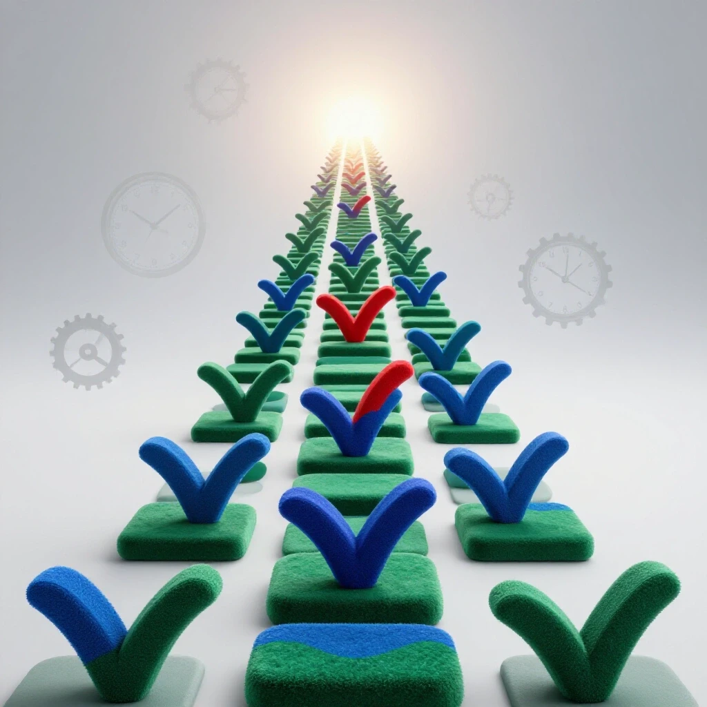 Glossy green checkmark stepping stones form a winding path toward a glowing summit, with subtle clocks and gears in a bright, clean background signifying structured progress and achievement.