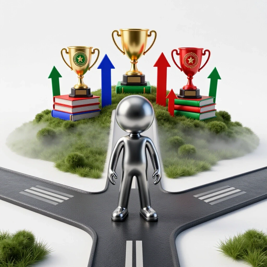 Central figure at crossroads with one path leading to achievement symbols, other fading into uncertainty.