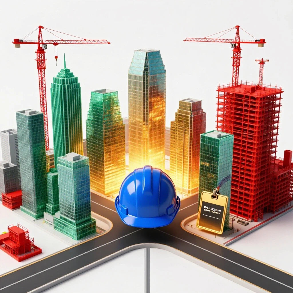 A crossroads with a glossy blue construction helmet at center, one path leading to a glass city skyline, the other to a vibrant construction site, illuminated by a gold project management badge symbol.