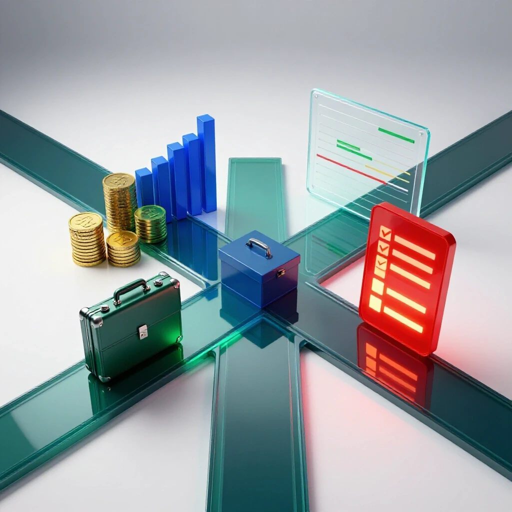 Intersection with finance symbols and project management icons on separate paths, bright clean background