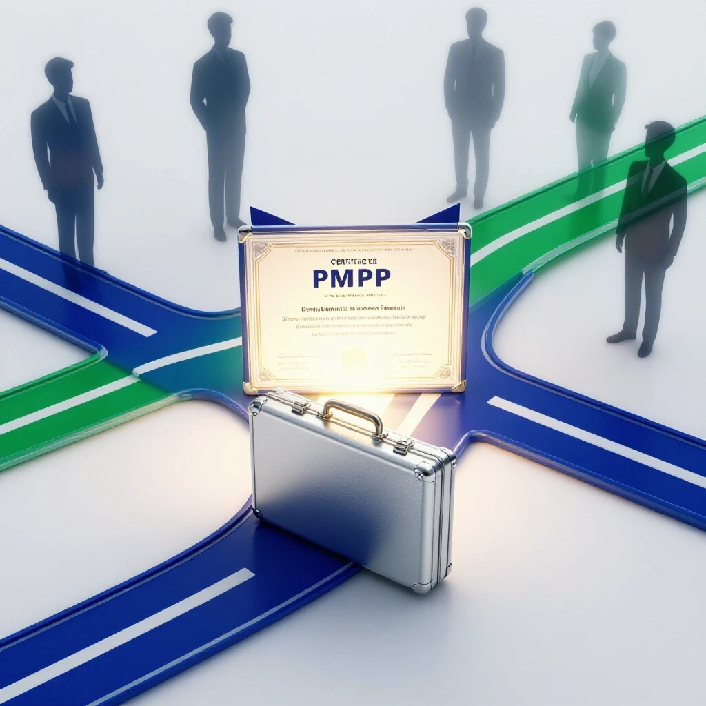 A glowing PMP certificate at a crossroads with a briefcase, observed by abstract shadowy figures symbolizing hiring managers.