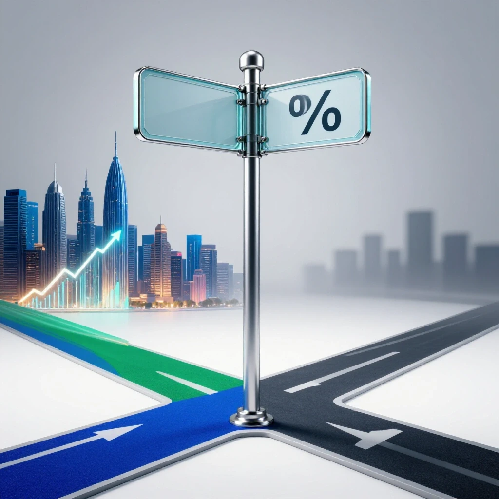 Glossy glass and metal crossroads signpost, one path leads to a bright city with upward graphs, the other fades into uncertainty.