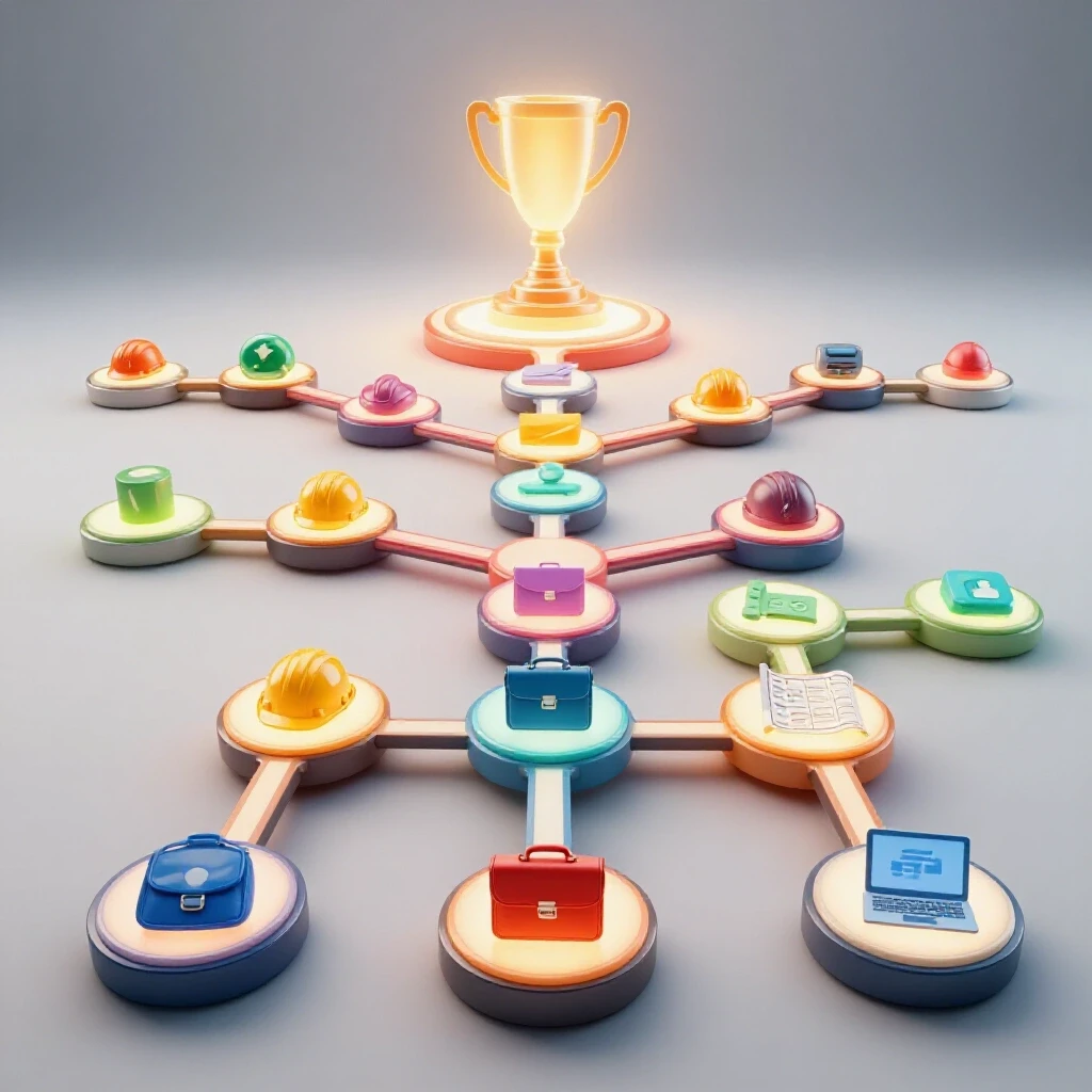 Diverging paths of illuminated stepping stones, each marked with career symbols, leading to a glowing goal on a bright background.