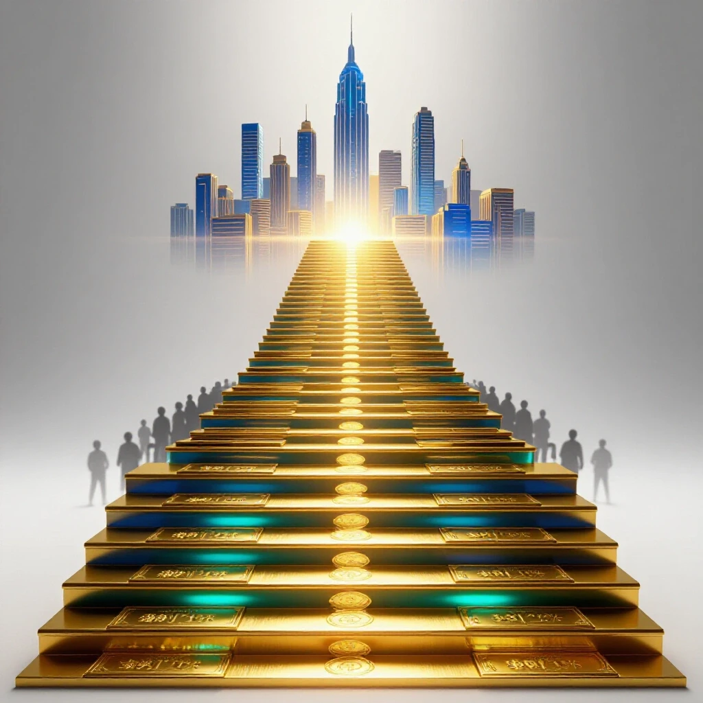 Golden certificates form illuminated steps leading upward toward a radiant city skyline, with shadowy figures below.