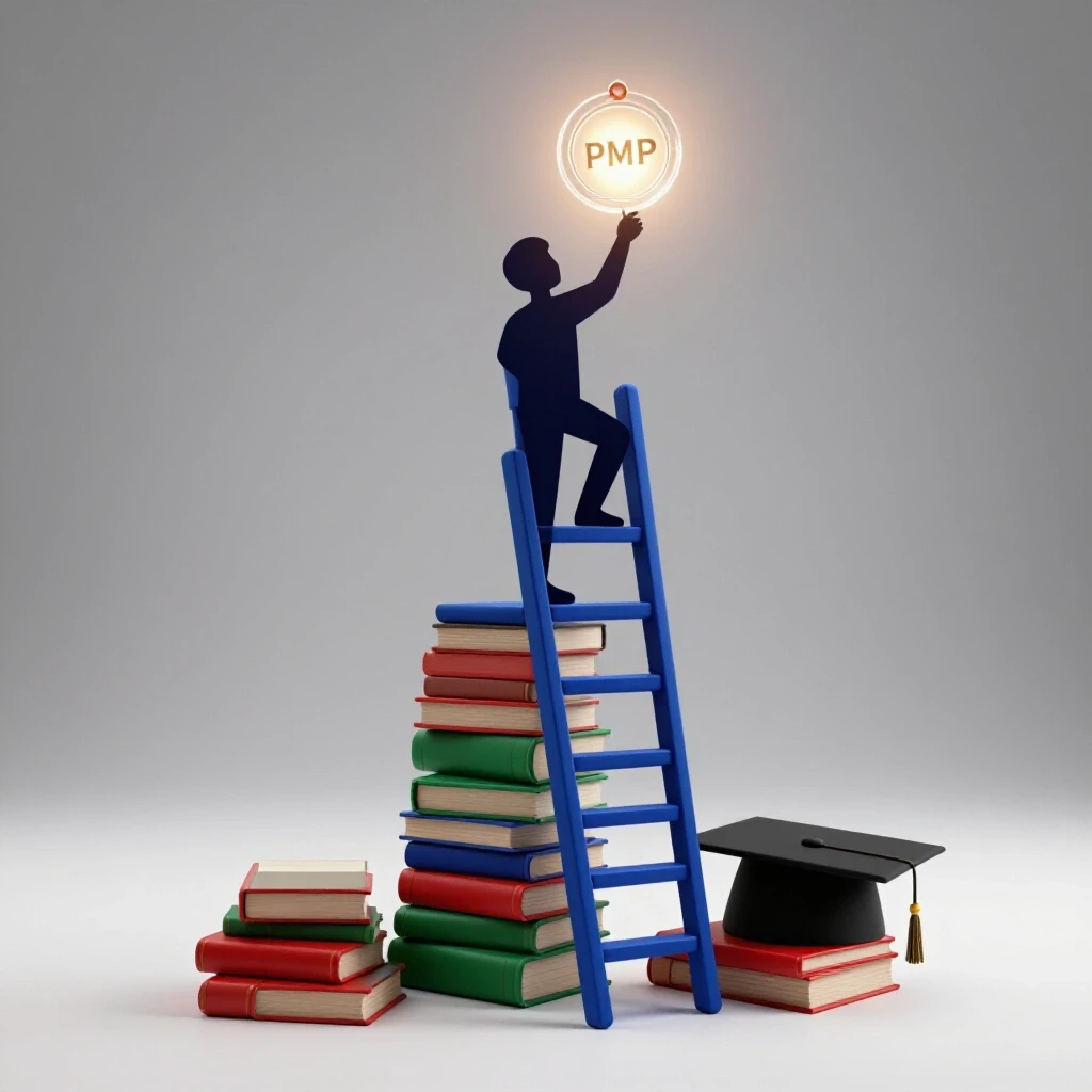 Confident figure climbs colorful book and certificate ladder toward glowing PMP badge, with unused graduation cap nearby.