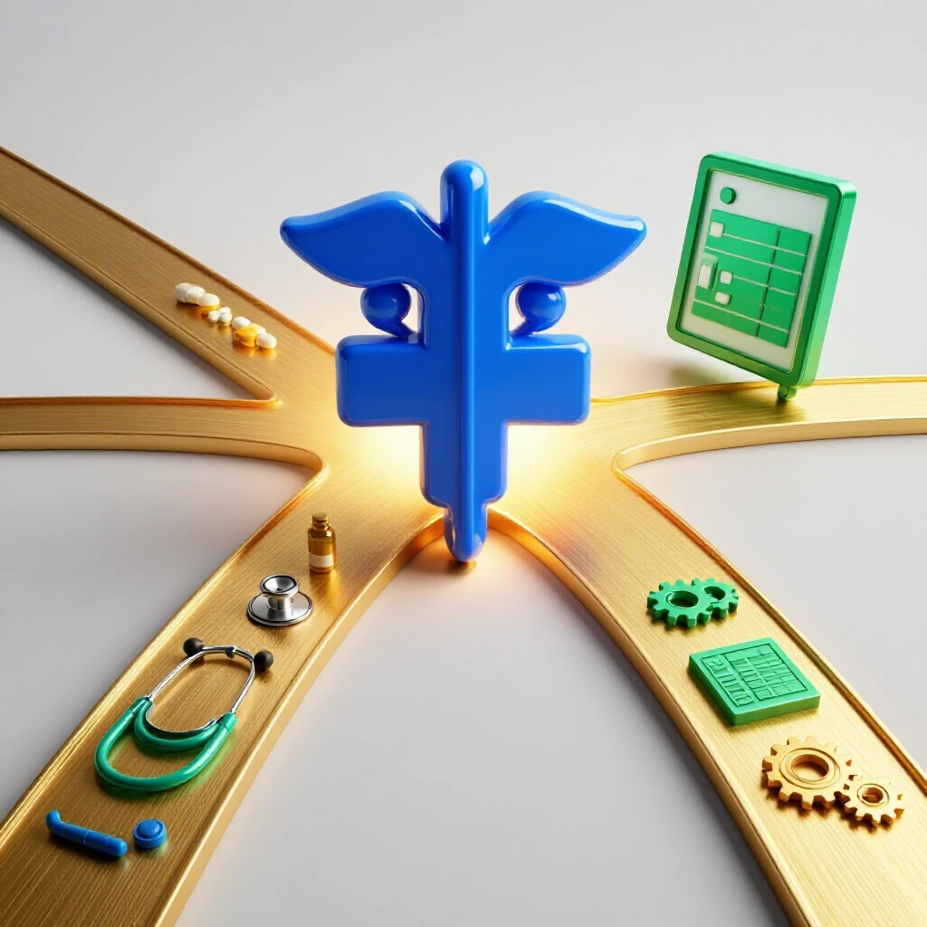 Healthcare and project management symbols on vibrant paths converging at a bright horizon, symbolizing career choices.