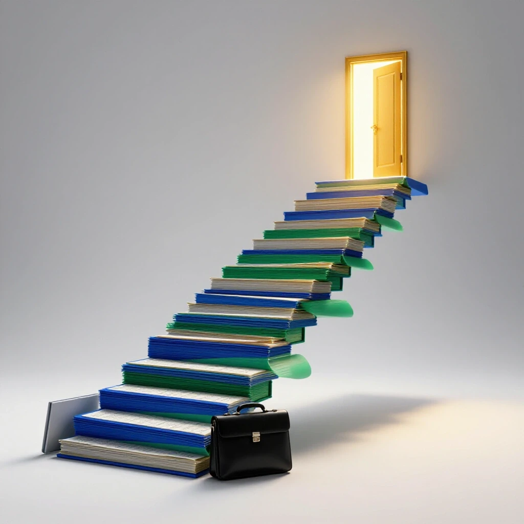 Dynamic staircase of calendar pages leading to a glowing golden doorway in a bright, modern studio setting.