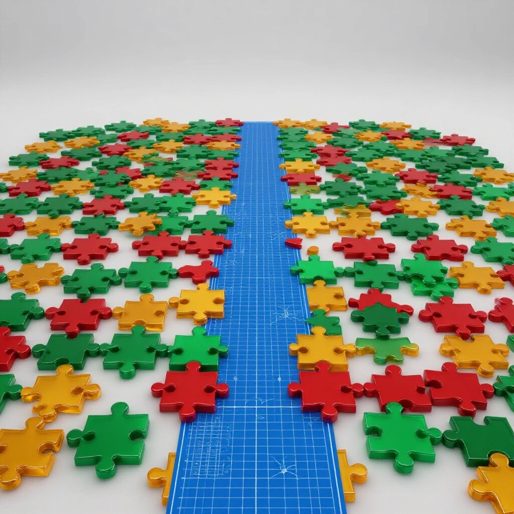 Structured blueprint pathway merging into colorful interconnected puzzle pieces, symbolizing the transition to consulting.
