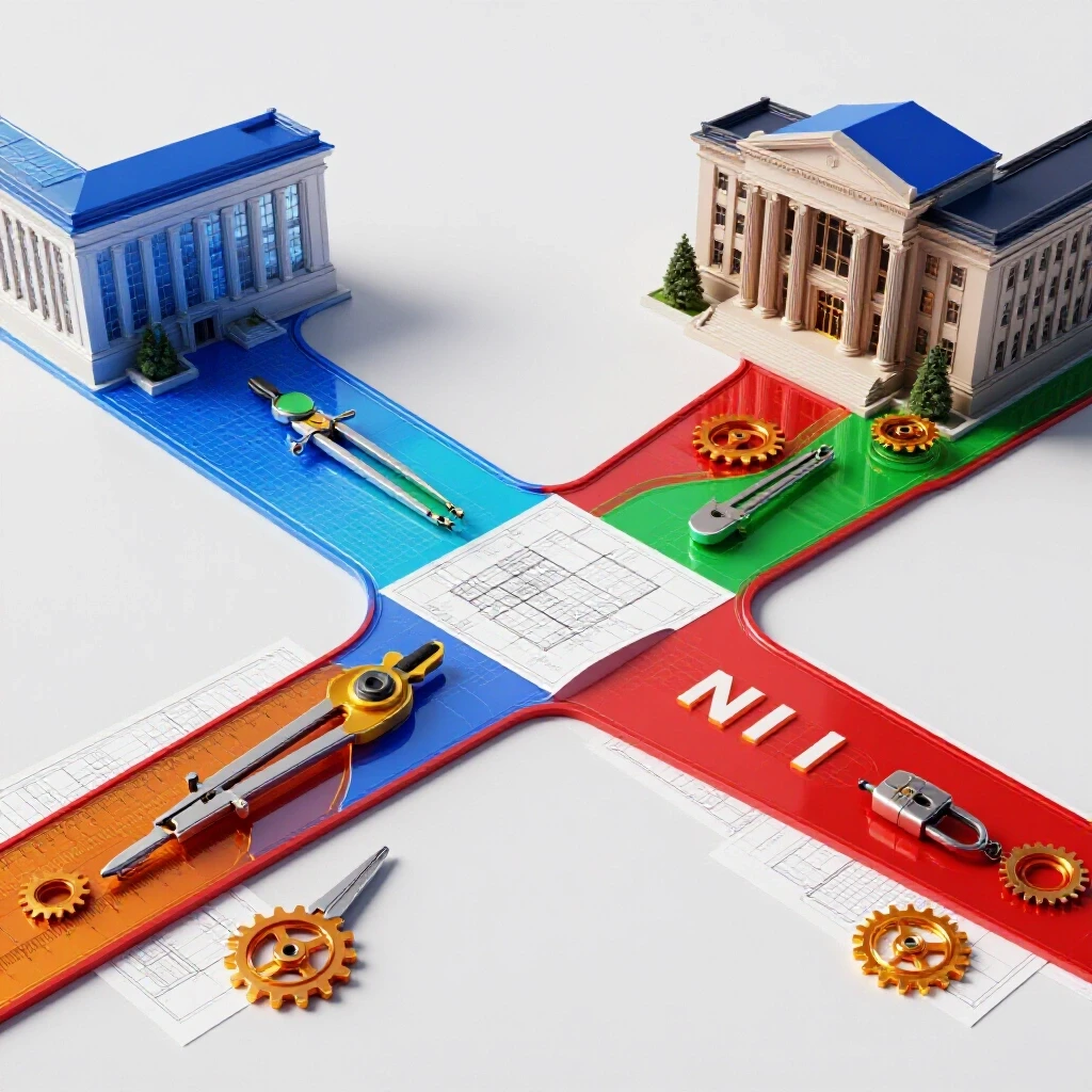 A central crossroads with one path leading to project management tools and blueprints, the other to a grand academic building, set against a bright background.