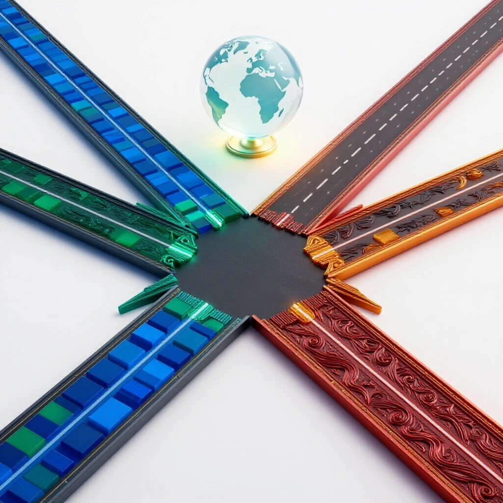 Two vivid colored paths, one modern and one ornate, converge towards a glowing globe on a bright white background.
