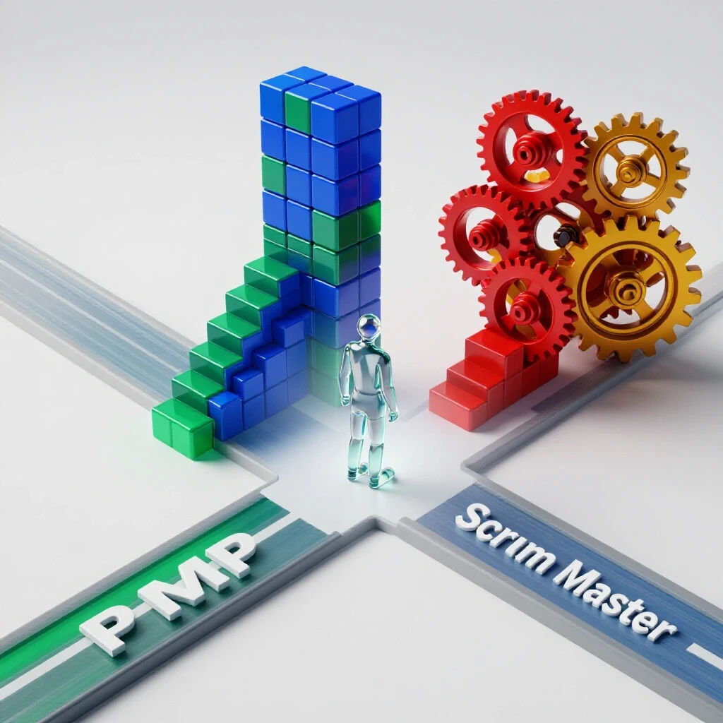 Abstract crossroads with colorful building blocks forming a staircase on one side and interlocking gears on the other, intersected by a poised glass-like figure.