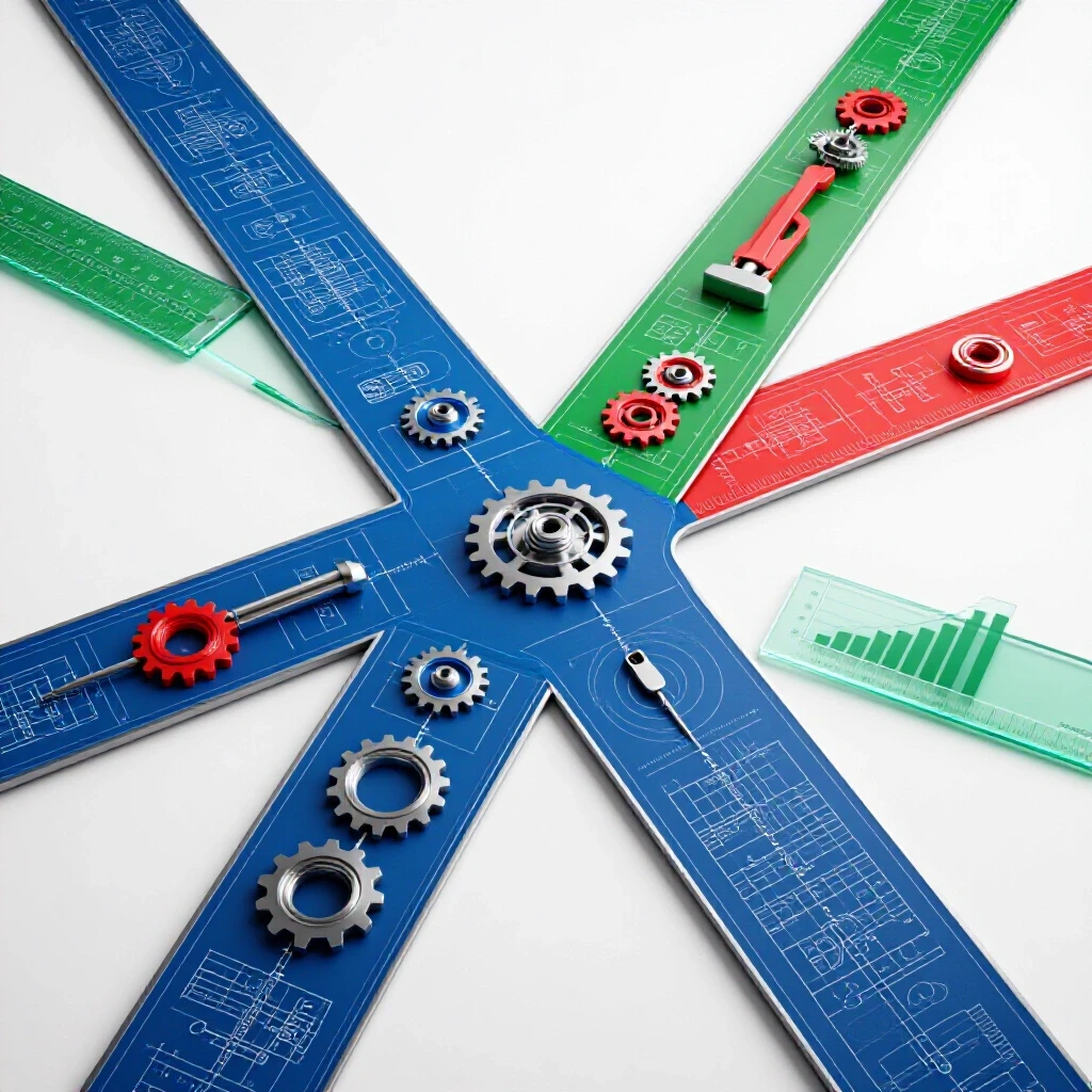 A vibrant crossroads with one path lined by project blueprints and gears, the other with tools and charts, set on a bright white background.