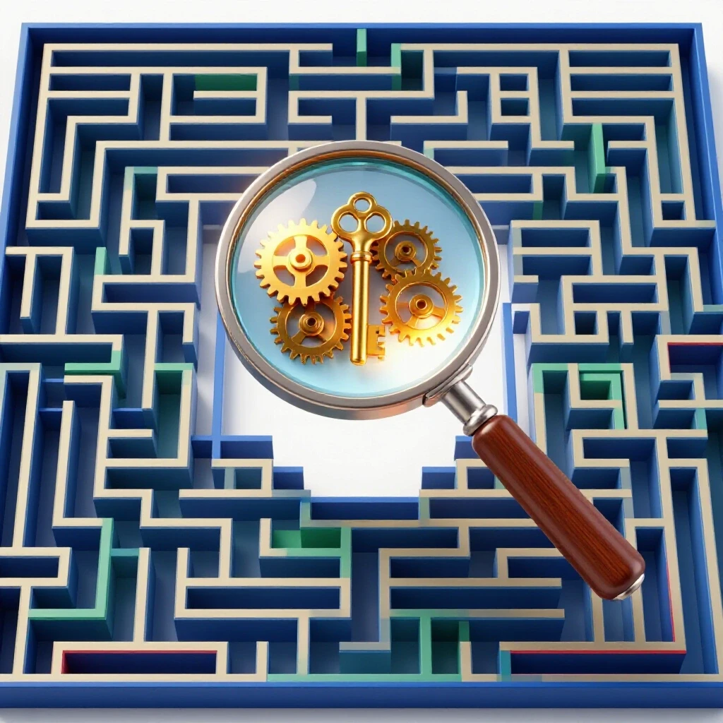 Magnifying glass reveals metallic gears and gold keys inside a maze against a bright white backdrop.
