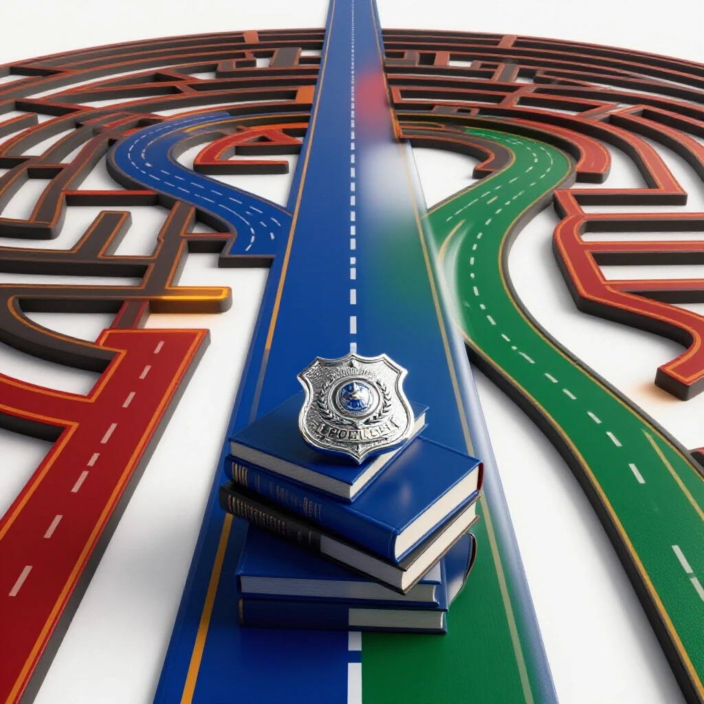 Split path with a police badge on books on one side and a maze of colorful roads on the other, on bright background