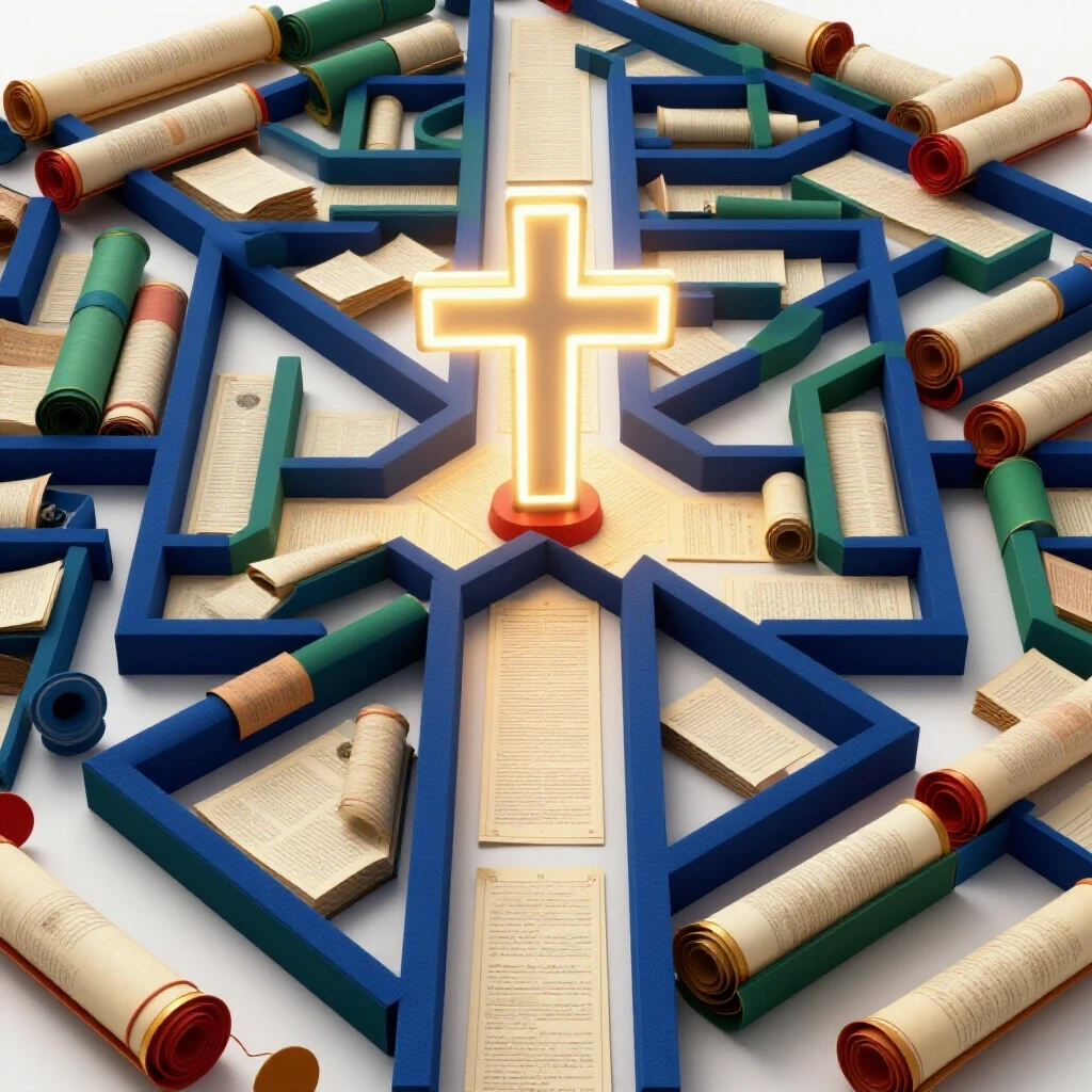 Colorful scrolls and official documents form a maze-like path with a glowing crossroads sign at the center on a bright, clean background.