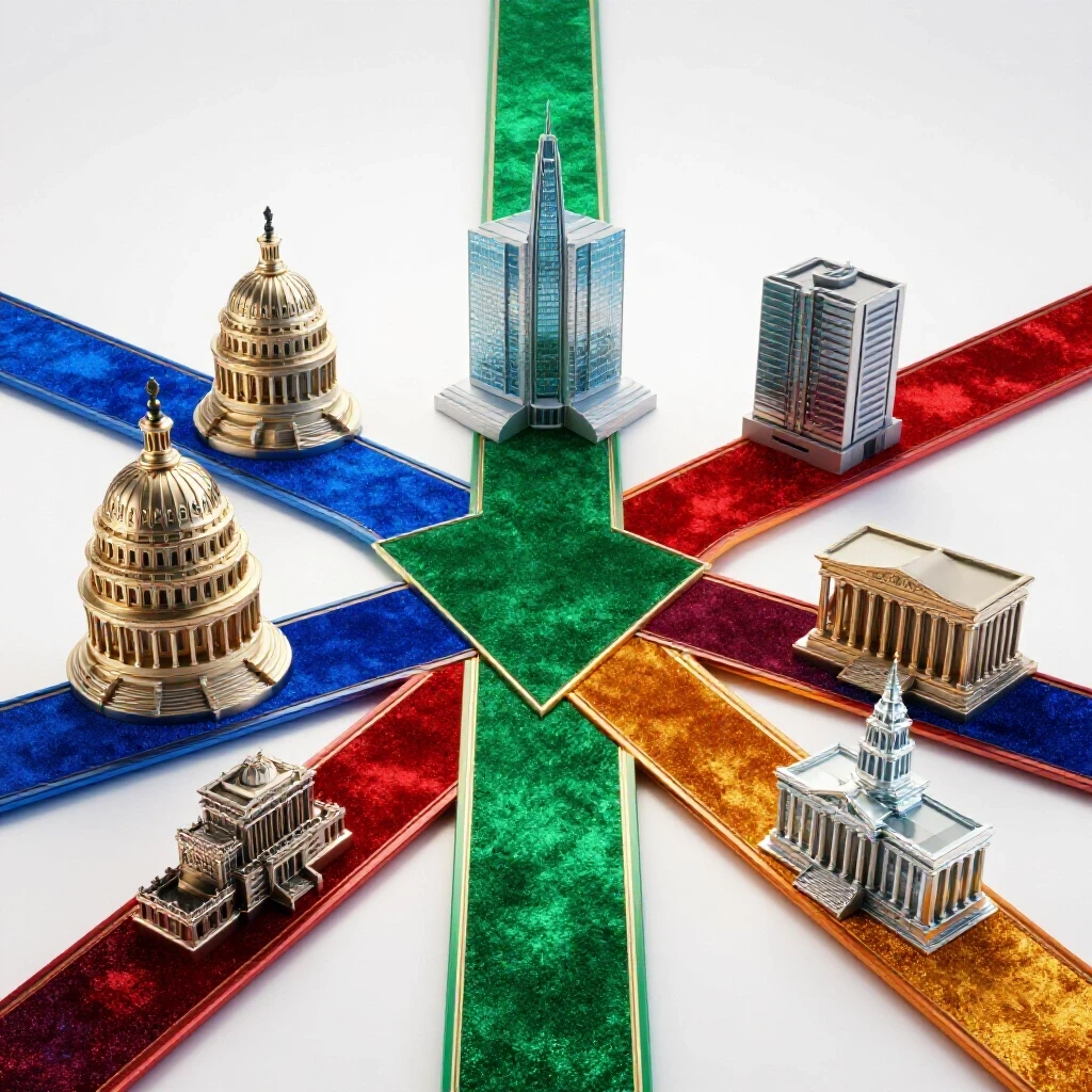 Glowing crossroads of vivid colored paths leading to iconic political landmarks on a bright white background