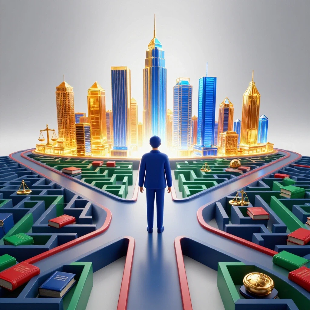 A student at a crossroads between a maze of books and symbols and a bright city skyline filled with opportunity.
