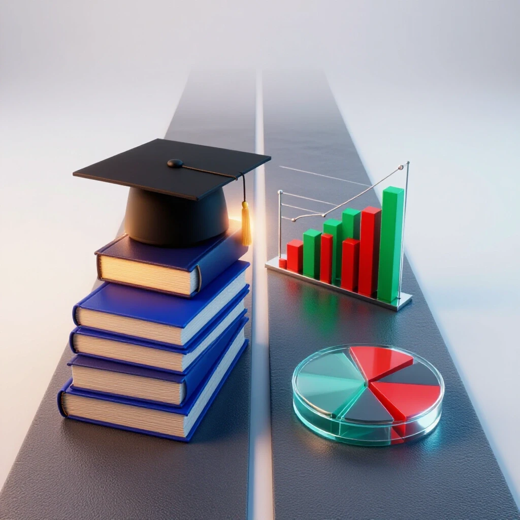 Split scene with books and graduation cap in warm light on one side, graphs and charts in cool tones on the other side.